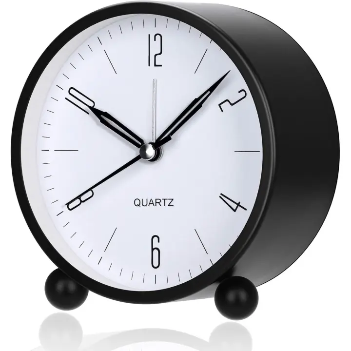 Reloj despertador analógico, esfera grande de 4 pulgadas, reloj despertador minimalista redondo de metal, reloj despertador de cabecera de moda, sin tictac, silencioso, funciona con pilas (negro) - 1