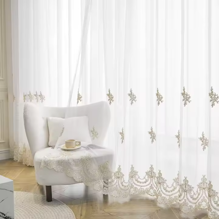 Cortina De Tules Bordada En Blanco Con Patrón De Flor Lujo Francés Para Decoración De Ventanas Y Habitaciones Estilo Europeo Y Americano - 1