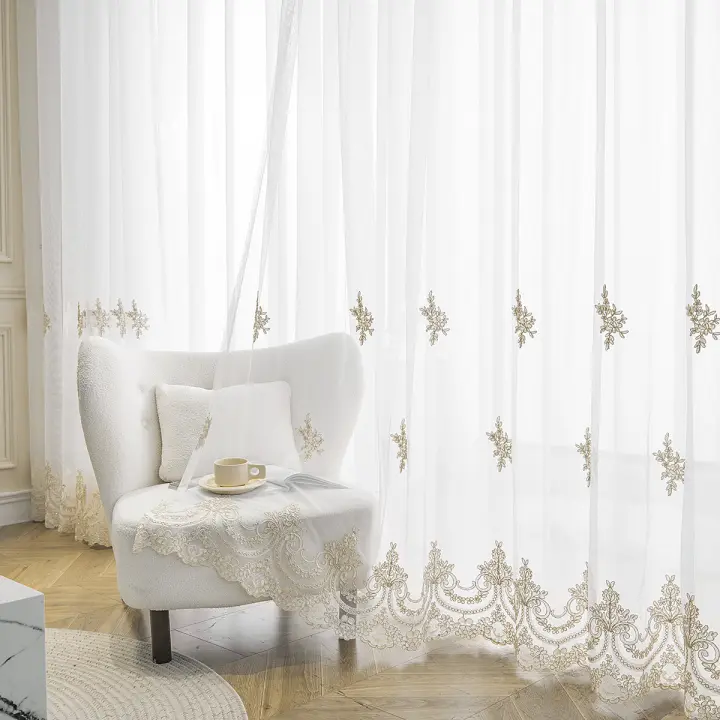 Cortina De Tules Bordadas En Blanco Con Patrón De Flor Elegante Para Decoración De Ventanas Y Habitaciones Estilo Europeo Y Americano - 1