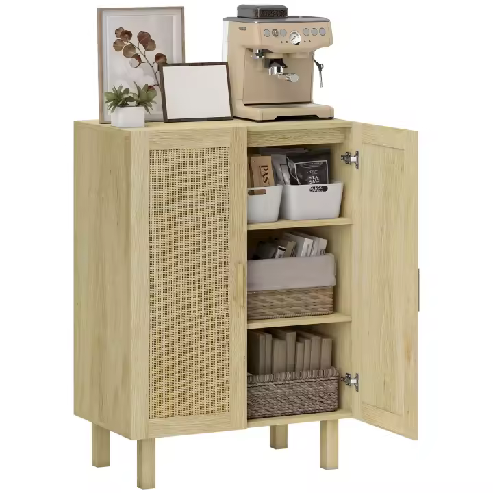 HOMCOM Aparador 2 Puertas de Rejilla de Ratán Aparador para Salón Nórdico con Estantes Ajustables para Comedor Entrada Dormitorio Natural 73x41x102 cm - 1