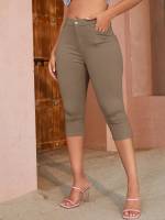 Pantalones Capri De Mujer Cintura Alta Elásticos Para Primavera Y Verano Estilo Casual Detalles De Botón Y Bolsillos Talla Fina - details 7