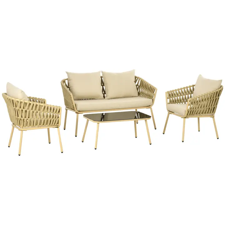 4 piezas Juego de muebles de Jardín de rata Juego de muebles Con 1 Mesa de café 2 sofás 1 sofá 2 plazas Juego de Jardín con almohadas Kaki para Terraza y Jardín - 1