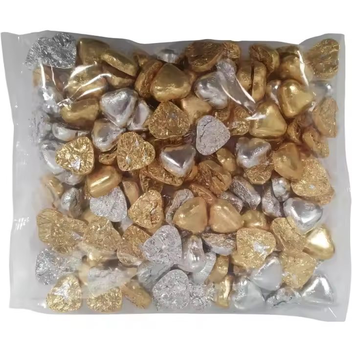 Deliex Delicias de Extremadura - 1 kg de bombones de chocolate con forma de corazón rellenos de crema de leche, dorado y plateado bolsa de 1 kilo (130-140 unidades aprox) - 1
