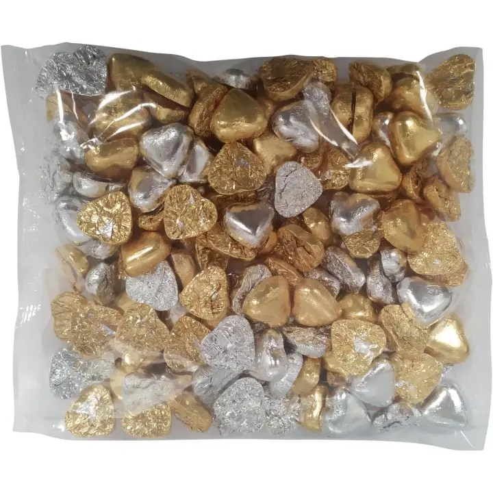 Deliex Delicias de Extremadura - 1 kg de bombones de chocolate con forma de corazón rellenos de crema de leche, dorado y plateado bolsa de 1 kilo (130-140 unidades aprox) - 1