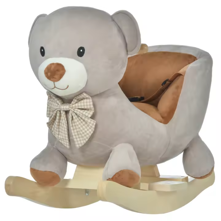 HOMCOM Caballito Balancín para Bebé de 18-36 Meses Caballo Balancín de Peluche Suave con Forma de Oso con Sonido Manillar y Reposapiés 60x33x50 cm Gris - 1