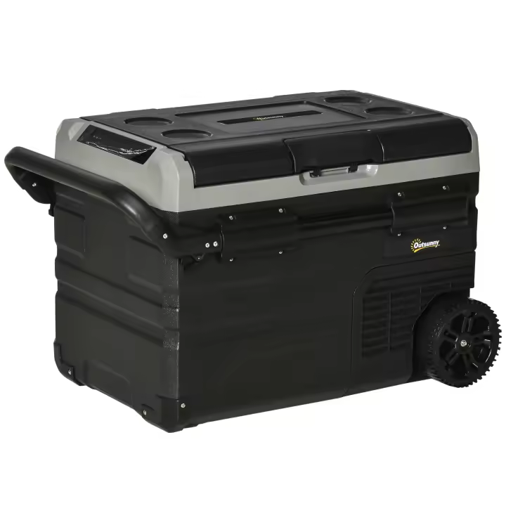 Outsunny Nevera para Coche 40L con Iluminación LED Compresor Nevera para Coche con Asas Ruedas de Transporte Barco Camper Viaje 12/24V DC y 110-240V AC Gris+Negro - 1