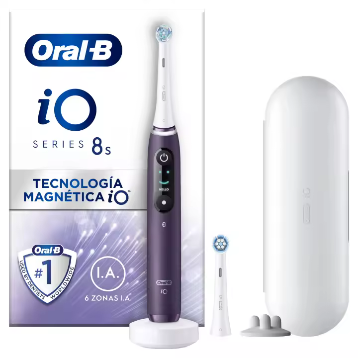 Oral-B iO 8S cepillo eléctrico violeta con 2 cabezales y 1 estuche de viaje diseñado por Braun - 1