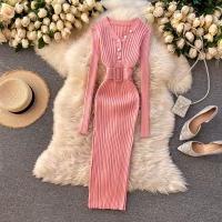Vestido Bodycon Elegante De Mujer REALEFT Otoño Invierno 2024 Con Cinturón Y Botones De Manga Larga Estilo Casual Longitud Pierna - details 18