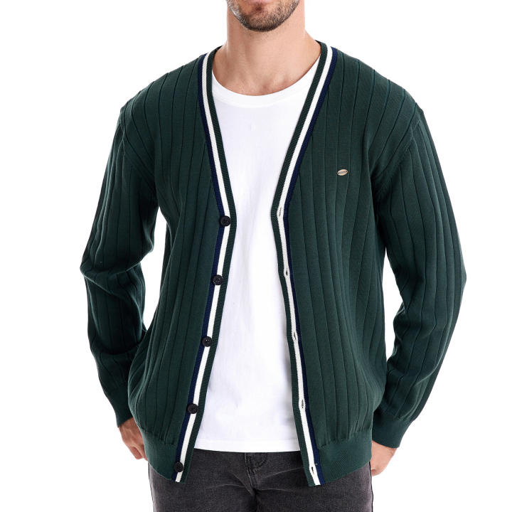 Cárdigan de otoño e invierno para hombre, suéter de manga larga con cuello en V, Chaqueta de punto con ribete de color contrastante a la moda, novedad de 2024