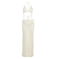 Conjunto De 2 Piezas Para Mujer Weired Puss Elegante Con Flores Y Borlas Camisola Halter + Falda Larga Ajustada Y Stretch Para Vacaciones - details 1