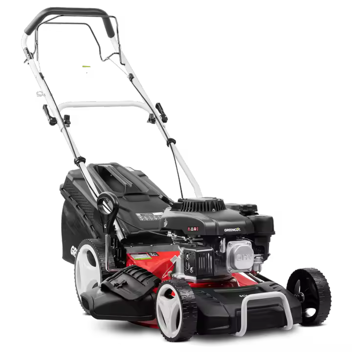 GREENCUT GLM770X - Cortacésped Gasolina 150cc 6cv, Motor 4 Tiempos OHV autopropulsado, Cuchilla Acero de Doble Filo de 460mm 18", Altura de Corte Regulable y Cesta con Capacidad de 55L - 1
