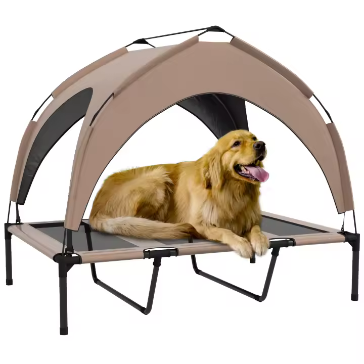 PawHut Cama elevada para perros, cama de campamento para perros, dosel de tafetán, cama para perros, tela textilene microperforada + bolsa de transporte incluida, fácil de montar, 106 x 76 x 94 cm, color café - 1