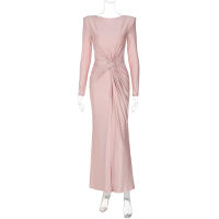 Vestido Maxi Dulzura Elegante Y Sólido Con Hombros Acentuados Y Cintura Definida Para Fiesta De Noche Mujer Otoño Invierno - details 8
