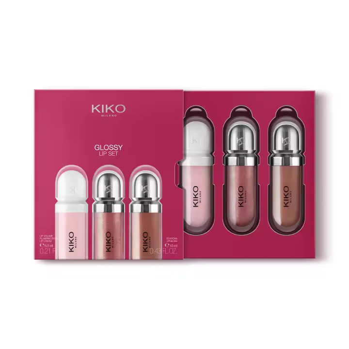 Pack rutina maquillaje KIKO Milano Glossy Lip Set, Estuche de maquillaje: 2 brillos de labios hidratantes y 1 crema de labios perfeccionadora - 1