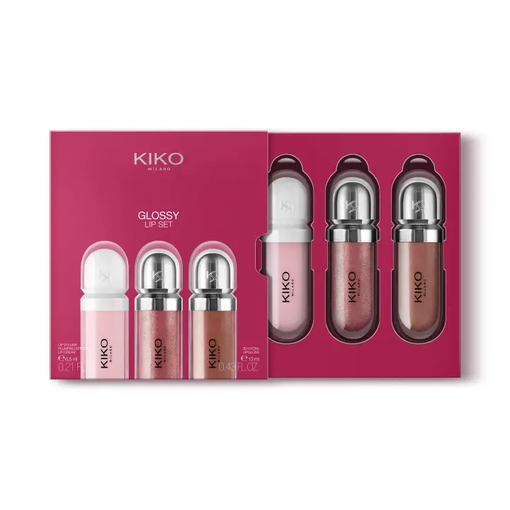 Pack rutina maquillaje KIKO Milano Glossy Lip Set, Estuche de maquillaje: 2 brillos de labios hidratantes y 1 crema de labios perfeccionadora - 1