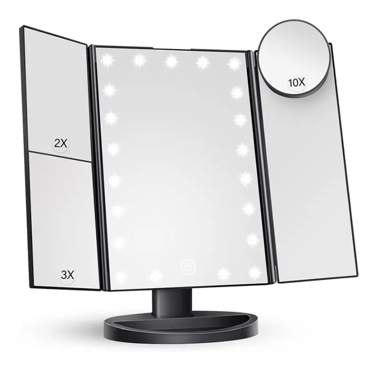 Espejo De Maquillaje LED Trifold Con Pantalla Táctil Iluminado Y Magnificación 1x/2x/3x Estación De Trabajo USB Para Belleza - 1