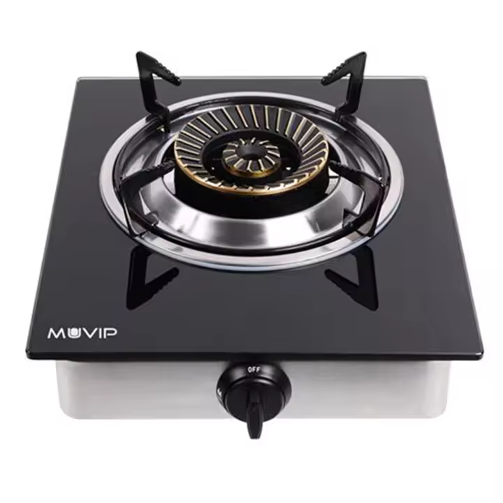 Muvip Cocina de Gas Inox 1 Fuego - Cristal Templado - Encendido Piezoelectrico - Quemador de Hierro Fundido Desmontable - Hornillo de gas - 1