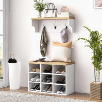 HOMCOM Recibidor con Perchero y Banco Zapatero 2 en 1 Muebles de Entrada con 3 Ganchos y Estantes para 9 Pares de Zapatos 75x30x50 cm y 75x20x22,5 cm Blanco - details 1