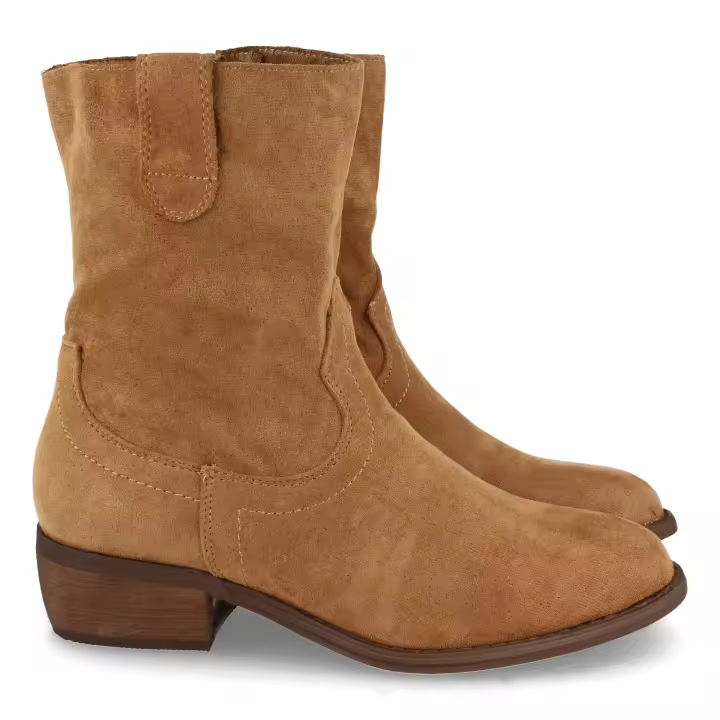 PuntoSalao Botines bajos cómodos punta redonda, estampado liso y cierre con cremallera para mujer color camel - 1