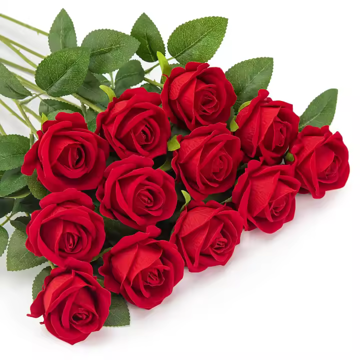 12 Rosas artificiales, flores de franela falsas, flores de imitación flores de un solo tallo largo con Rose Buds, flores decorativas realistas (rojo) - 1