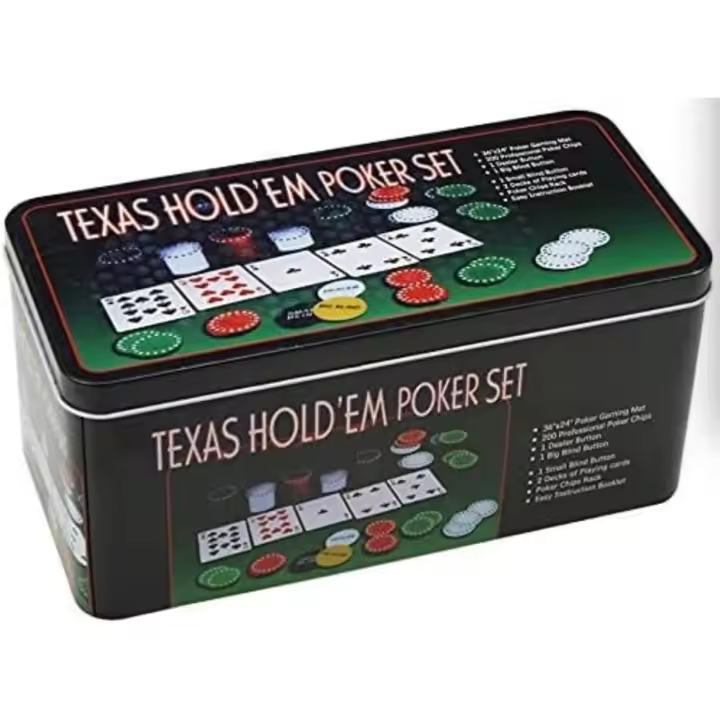 Set de póker Caja de Metal, 200 fichas de póker, 2 Cubiertas, botón de repartidor, ciega pequeña, Gran ciega, tapete de Juego. - 1