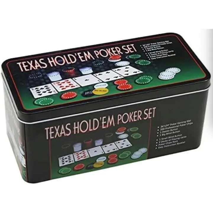 Set de póker Caja de Metal, 200 fichas de póker, 2 Cubiertas, botón de repartidor, ciega pequeña, Gran ciega, tapete de Juego. - 1