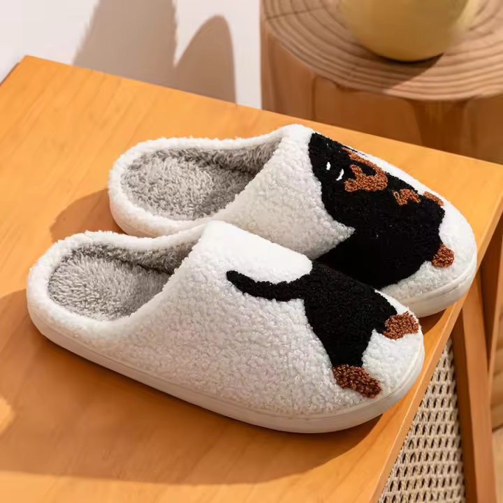 Zapatillas De Invierno Para Mujer Con Dibujo Animado De Perro Negro Pequeño Zapatos Suaves Y Cálidos Para El Hogar Y Dormitorio - 1