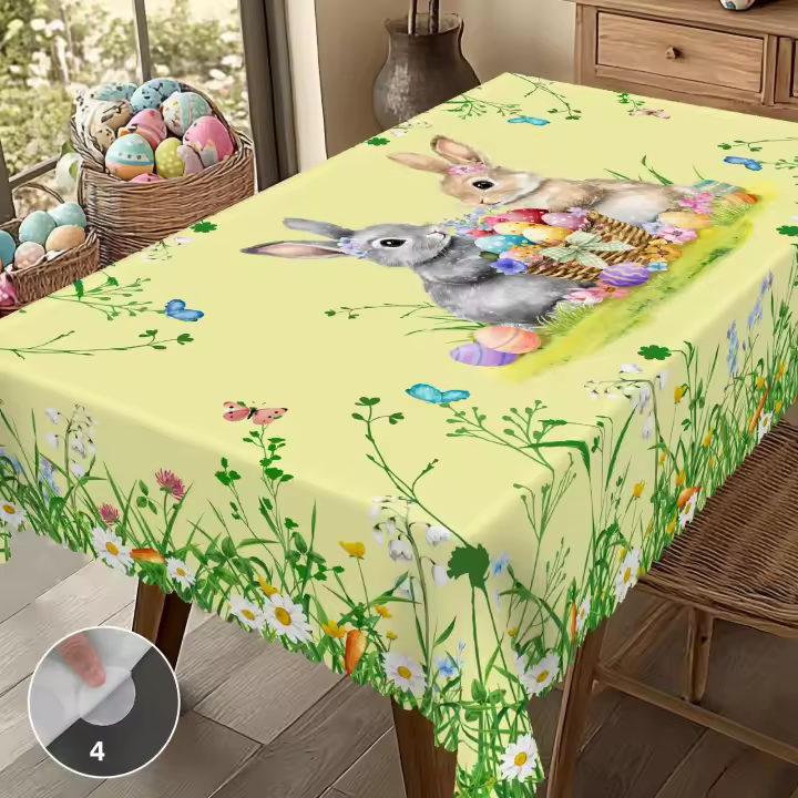 Mantel Redondo De Pascua Con Diseño De Tulipanes Conejito Y Huevo Jardín Tamaño Cuadrado Proceso De Enrase En Borde Decoración De Jardín Para Uso Diario En Cocina Terraza Decoración De Pascua - 1