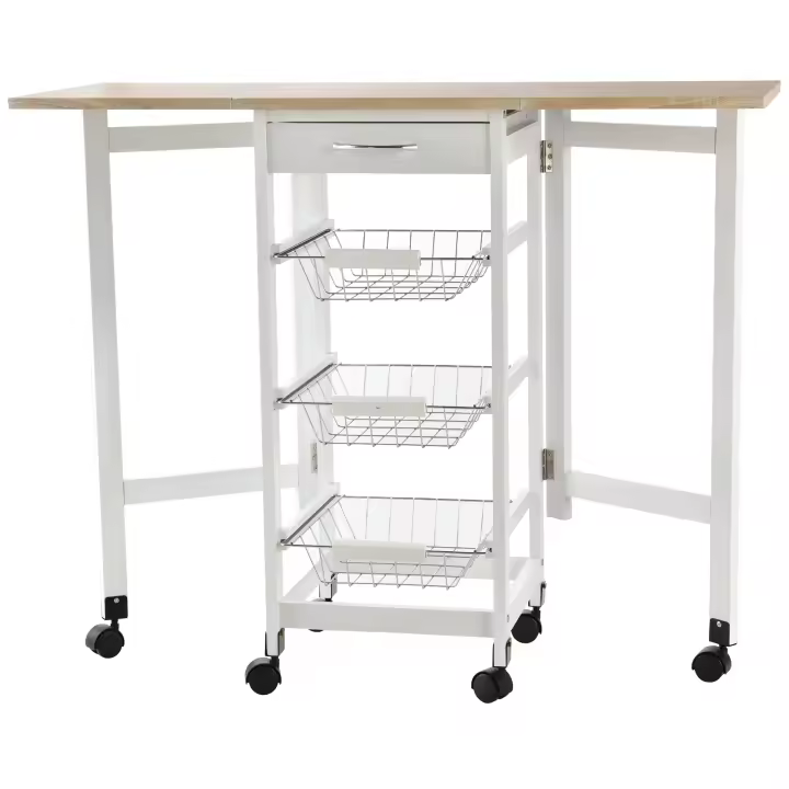 HOMCOM Carrito de Cocina Plegable Carrito Auxiliar con 6 Ruedas 1 Cajón y 3 Cesta de Metal Carro de Servicio Multifuncional para Almacenamiento Carga 50 kg 97,2x37x77,5 cm Blanco y Roble - 1