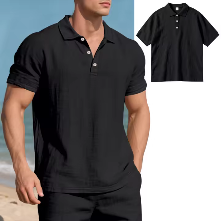 Camisa POLO de manga corta con solapa y botones, informal, de lino, transpirable, estilo británico, de verano para hombre - 1