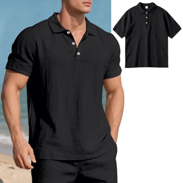 Camisa POLO de manga corta con solapa y botones, informal, de lino, transpirable, estilo británico, de verano para hombre - 1