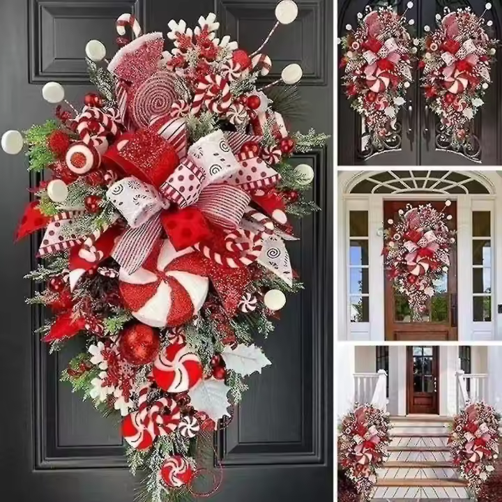 Candy Cane Christmas Wreath, Artificial Christmas Teardrop Swag Wreath - 1