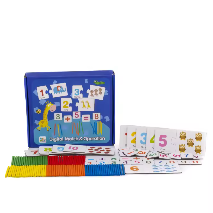 DAM. Juego matemático educativo. Juego de parejas de números y animales, símbolos matemáticos y palitos de madera para realizar operaciones. 25x4x21cm. - 1