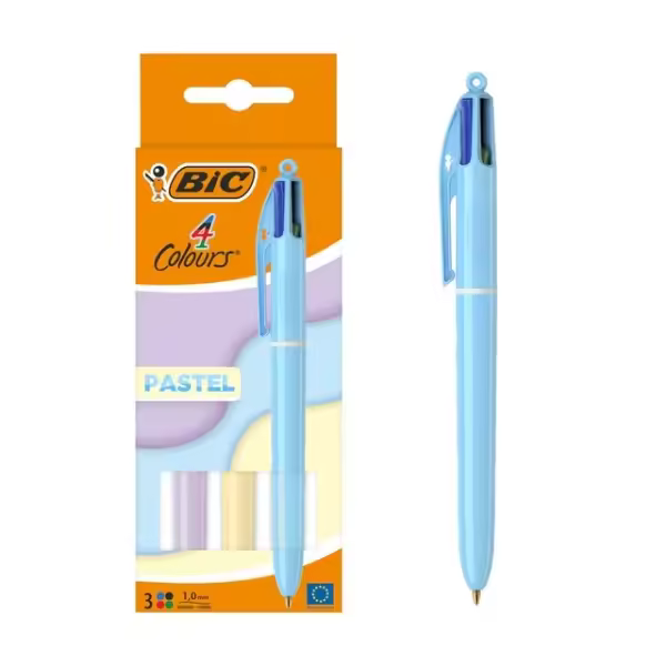 Bic 4 colours pastel pack de 3 boligrafos de bola retractil - punta media de 1.0mm - tinta con base de aceite - cuerpo en colores pastel - 4 colores - 1