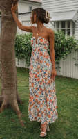 Vestido Maxi Bohemio De Verano Para Mujer En Chiffon Floral Sin Mangas Cuello En V A-Line Largo Con Espalda Descubierta Y Volante - details 22
