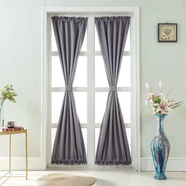 Cortina de puerta francesa de color puro, cortinas opacas para sala de estar, cocina, dormitorio, comedor, 1 panel (gris, 64*102 cm) - 1