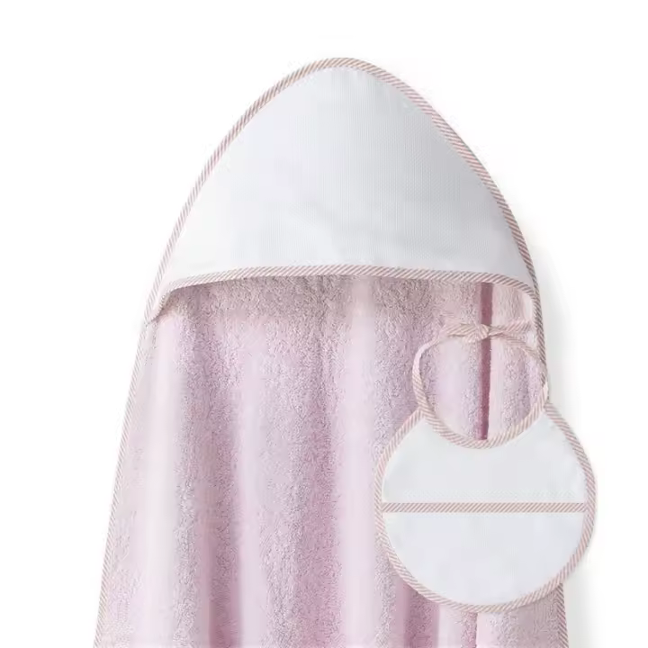 Toalla Capa de baño Bebe Rizo Algodón 100 % Punto de Cruz + Babero Color rosa - 1