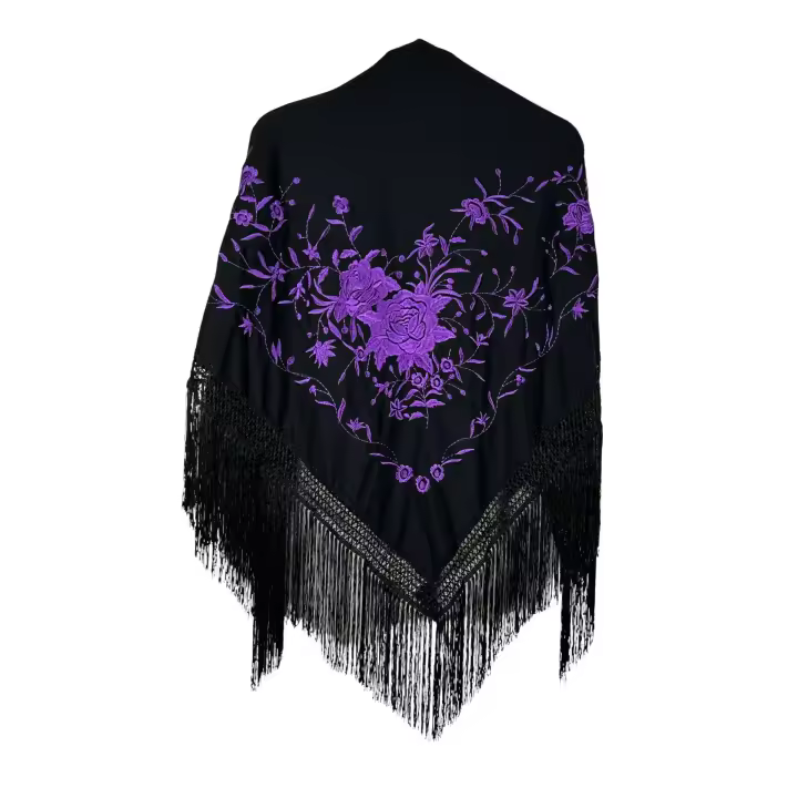 Mantón de manila de pico negro y morado (160cm x 80cm sin fleco) - 1