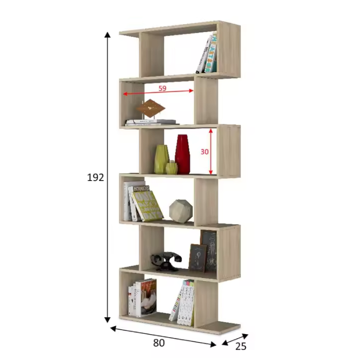 Meimon Estantería alta ATHENA en melamina roble Canadian, 192x80x24 cm, tablero E1 18 mm, cantos PVC 0,6 mm, herraje metálico de fijación, tacos ABS antirruido, uso como separador, carga máx. 45 kg, volumen 0,060 m³, peso 28,3 kg - 1