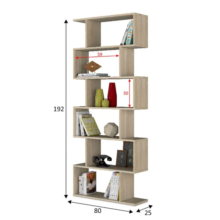 Meimon Estantería alta ATHENA en melamina roble Canadian, 192x80x24 cm, tablero E1 18 mm, cantos PVC 0,6 mm, herraje metálico de fijación, tacos ABS antirruido, uso como separador, carga máx. 45 kg, volumen 0,060 m³, peso 28,3 kg - 1
