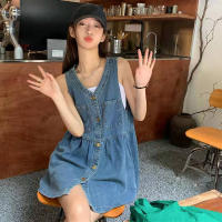 Vestido Mini De Verano Para Mujer Estilo Coreano Sin Mangas Con Tirantes Y Bolsillos Denim A-Line Solapa Suelta Vestido De Corte Vintage - details 2