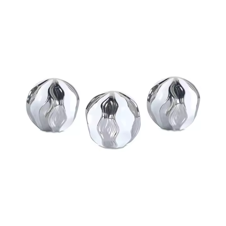 Juego de 3 Bolas Decorativas Cerámica Blanco Plateado Ondas Anchas Lizzete - 1