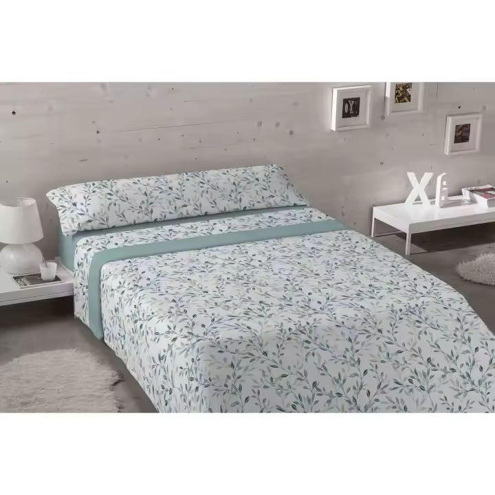 KARAMELO - Juego de sábanas de coralina con estampado de flores color agua modelo Daire - 1