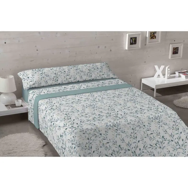 KARAMELO - Juego de sábanas de coralina con estampado de flores color agua modelo Daire - 1