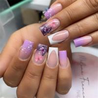 Juego De 24 Uñas Postizas Con Diseño De Flor Y Forma De Coffin Largas Ballerina Frases Francesas Acrílicas Cubiertas Por Encima Para Uñas Artísticas - details 30