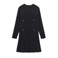 Vestido Mini De Encaje Con Botones Dorados Y Bolsillos Para Mujer TRZA Estilo Casual O-Neck Manga Larga Silueta A-Line Fashion Chic - details 2