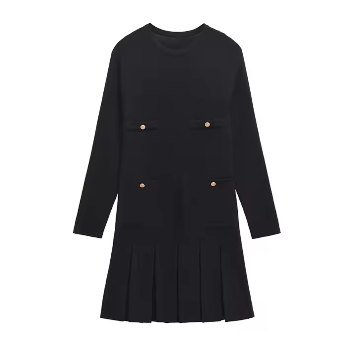 Vestido Mini De Encaje Con Botones Dorados Y Bolsillos Para Mujer TRZA Estilo Casual O-Neck Manga Larga Silueta A-Line Fashion Chic - 1