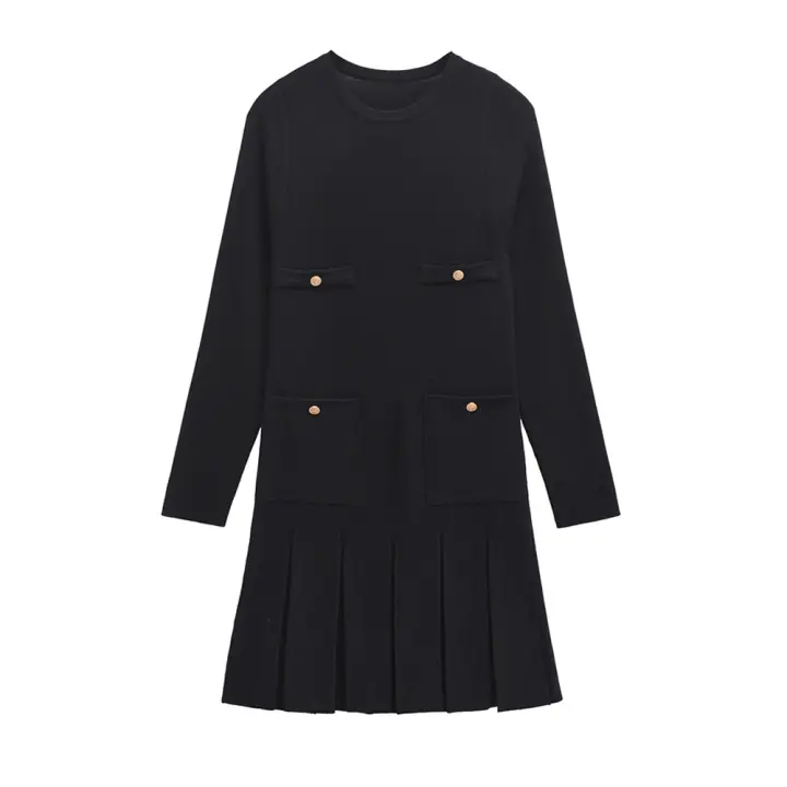 Vestido Mini De Encaje Con Botones Dorados Y Bolsillos Para Mujer TRZA Estilo Casual O-Neck Manga Larga Silueta A-Line Fashion Chic - 1