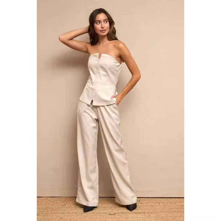CONJUNTO BEIGE MARTE - Conjunto, beige, camel, pantalón largo, chaleco, sin mangas, bolsillos, a juego, sofisticado, contemporáneo, elastano, poliester, polyester, moda mujer, oficina, trabajo, invierno, otoño, primavera - 1