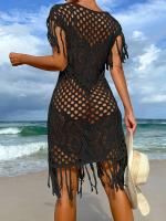 Vestido Casual De Moda Coreana Para Otoño E Invierno 2024 Estilo Suelto Con Borlas Y Huecos Cuello En V Manga Regular Ajustado Silueta Mini - details 4